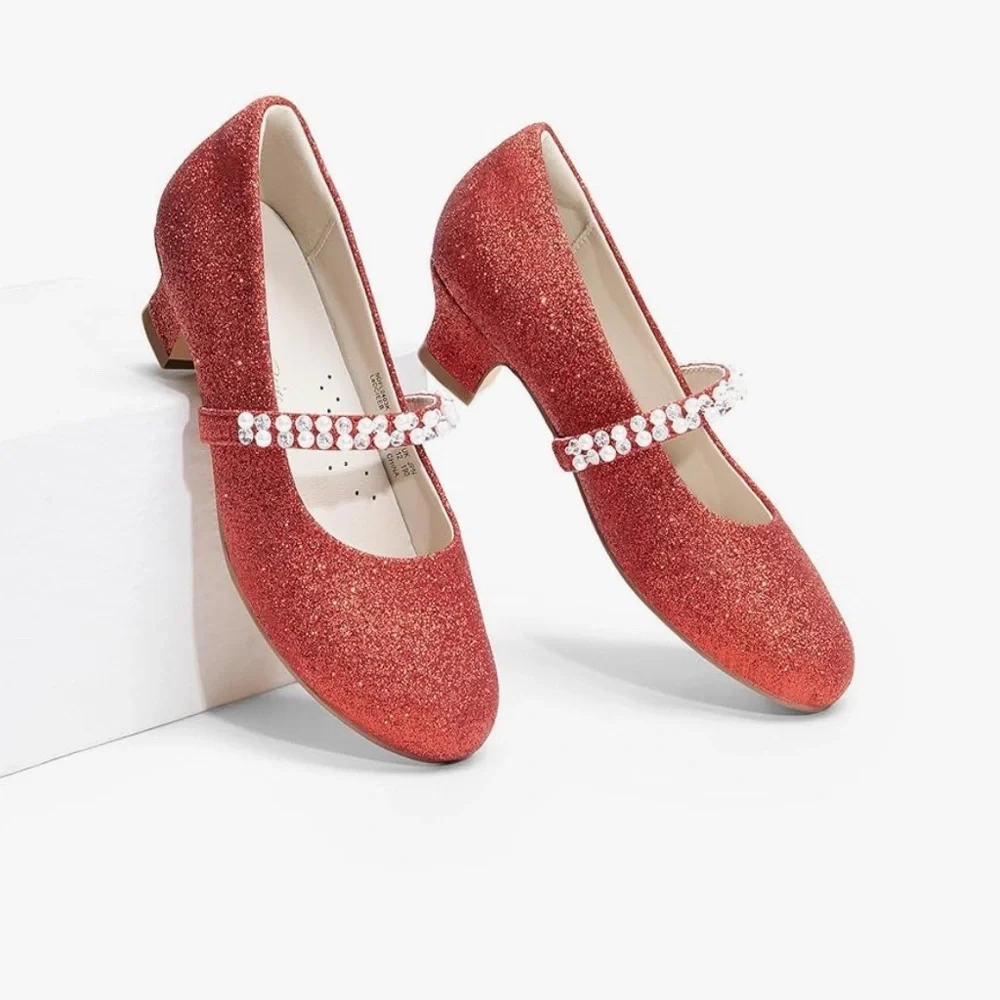 NIB Mary Jane GIRLS SZ 1 RED GLITTER DRESS Shoes LOW HEEL w/Pearls & Rhinestones